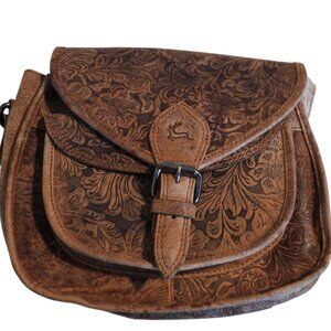 Leaderachi Tooled Leather Brown Cross Body Purse, brown leather western purse